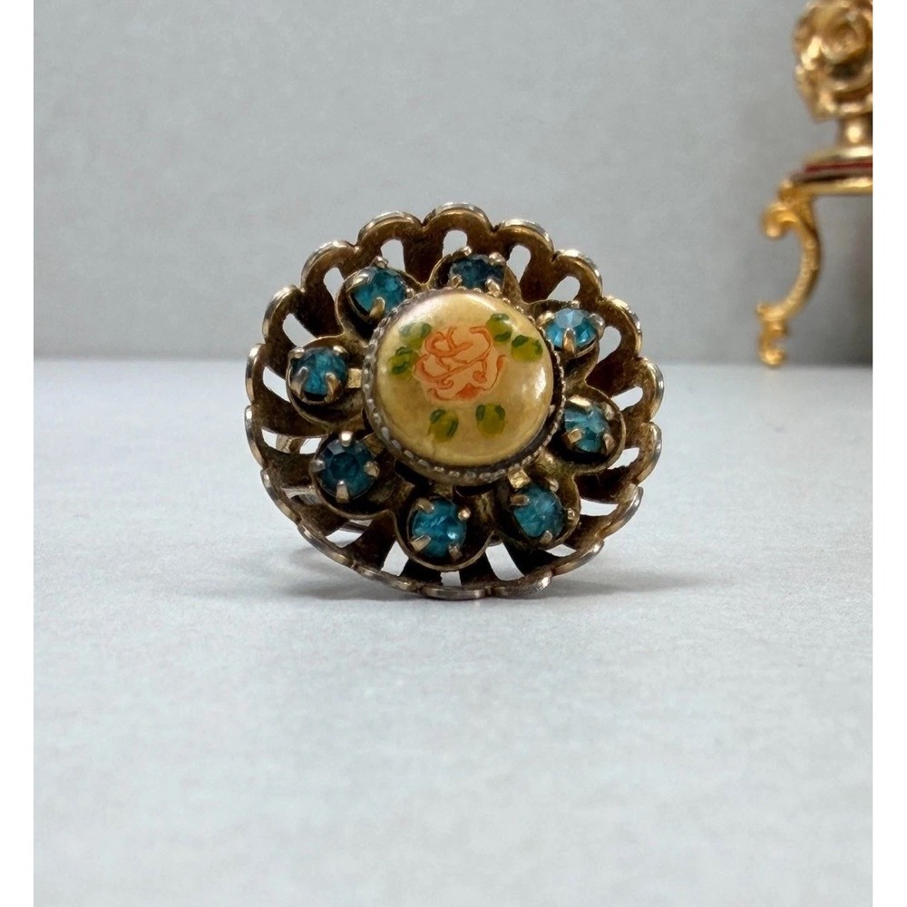 Vintage Floral Guilloche Porcelain Rhinestone Ring Art Deco Revival Style Sz 6